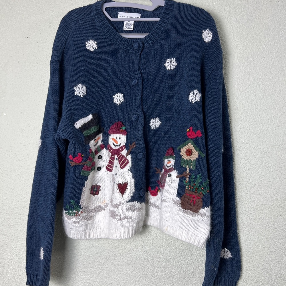 Croft & Barrow Womens Sz XL Snowman Chunky Cardigan Sweater Christmas Blue